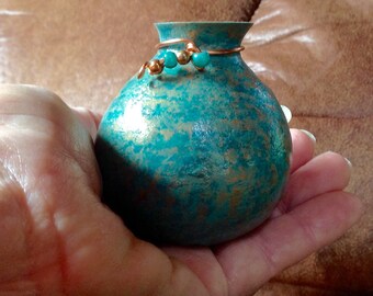 Tiny Patina Vase w Peafowl Feather