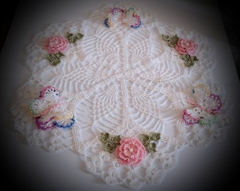 New!  Handmade Crochet Butterfly Roses Doily!  Made To Order - Choose your color!