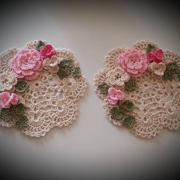 Victorian Pink Chic Roses Crochet Doilies Coasters Set of 2 Custom Order