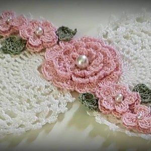 New!  White Pink Beaded Roses Doily Made To Order.  Choose your color