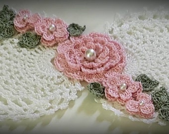 New!  White Pink Beaded Roses Doily Made To Order.  Choose your color