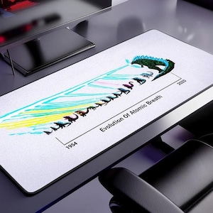 May include: A white and gray mousepad with a black border. The mousepad features a timeline of Godzilla's atomic breath evolution from 1954 to 2020. The timeline shows Godzilla's atomic breath becoming more powerful and destructive over time.
