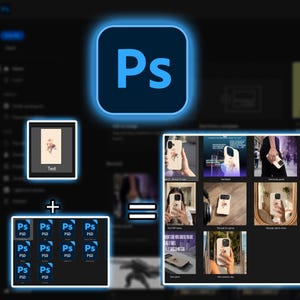 Puede incluir: Una interfaz digital que muestra el logotipo de Adobe Photoshop con las letras Ps en azul. Un archivo gráfico etiquetado como Test se muestra con un signo más junto a una cuadrícula de archivos PSD, resultando en un collage de fundas de móvil.