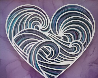 8" Ocean Swirl Heart, 3D Paper Art on Marbled Paper, Framed