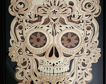 Skull 3D paper art framed in shadowbox