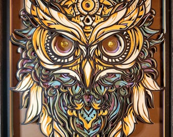 3D Layered Paper Art Owl with Jeweled Eyes in Shadowbox