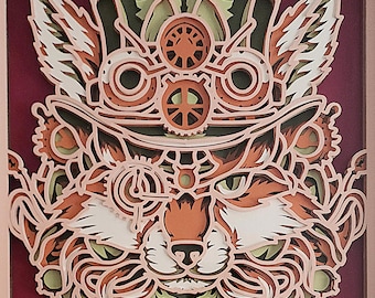 Steampunk Fox 3D Paper Art Framed in Shadowbox