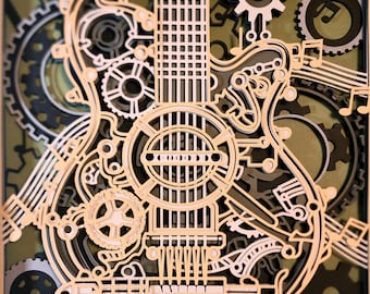 3D Steampunk Guitar Paper Art Framed in Shadowbox