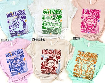 BELLA CANVAS Custom Boho Floral Mascot Tee, School Spirit Shirts with Personalized Team Name, Retro Cottagecore Design for Fans and Students