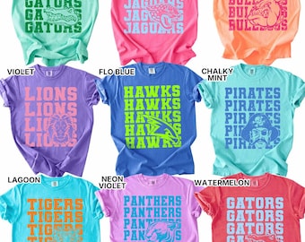 COMFORT COLORS Neon Mascot Custom Tee, High School College Football, Baseball Pennant, Mascot High School Shirt, Softball Mascot Neon Shirt