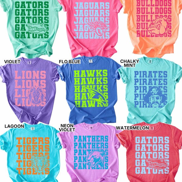 COMFORT COLORS Neon Mascot Custom Tee, High School College Football, Baseball Pennant, Mascot High School Shirt, Softball Mascot Neon Shirt
