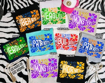 Custom Mascot Pennant Cheer Shirt, Floral Mascot Shirt, Custom School Spirit Tee, Cheer Team Matching Tee, Football Homecoming Sports Teams
