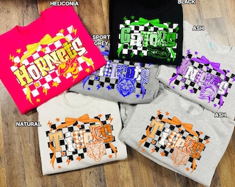Custom Mascot Checkered Ribbon Spirit Shirt, School Spirit Game Day Shirt, Team Spirit, School Spirit Shirt, Sports Team Mascot, Mascot Tee