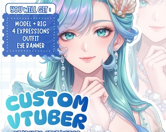 May include: Digital illustration of a female anime-style character with long, flowing turquoise hair and teal eyes. The image includes text that reads "CUSTOM VTUBER READY TO STREAMING" and "YOU WILL GET: MODEL + RIG, 4 EXPRESSIONS, OUTFIT, EYE BANNER."