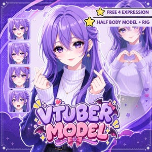 May include: A digital illustration of a purple-haired character with purple eyes, wearing a white turtleneck and dark jacket. The image includes four facial expressions, the text FREE 4 EXPRESSION, HALF BODY MODEL + RIG, and VTUBER MODEL.