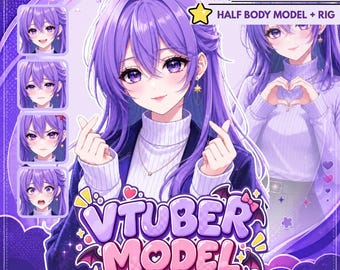 Könnte beinhalten: Eine digitale Illustration einer Figur mit violettem Haar und violetten Augen, die einen weißen Rollkragenpullover und eine dunkle Jacke trägt. Das Bild enthält vier Gesichtsausdrücke, den Text FREE 4 EXPRESSION, HALF BODY MODEL + RIG und VTUBER MODEL.