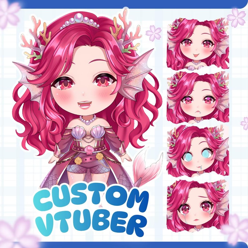 May include: A digital art illustration of a female anime-style character in a blue and white outfit. The image includes a list of features, including outfit, expressions, and rigging options. The text also mentions commercial use and copyright.