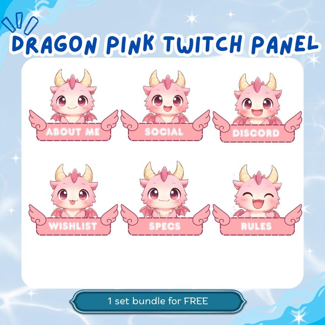 Fantasy Dragon Twitch Panel Bundle – Cute Pink Anime Stream Labels for ...