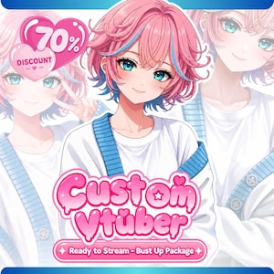 May include: An anime-style character with short pink hair featuring blue highlights and teal eyes, wearing a white shirt with blue accents. The text reads Custom Vtuber and Ready to Stream - Bust Up Package, with a 70% discount heart icon.