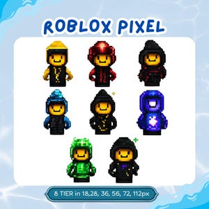 May include: A collection of eight pixelated Roblox characters in various colors, including yellow, red, black, blue, green, and purple. Each character has a yellow face and is wearing different outfits. The text "ROBLOX PIXEL" is at the top.