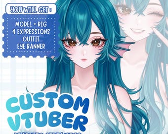 Op de afbeelding: Digitale illustratie van een anime-stijl personage met turquoise haar en grote bruine ogen. De afbeelding bevat tekst die luidt "CUSTOM VTUBER READY TO STREAMING" en details van wat is inbegrepen: Model + Rig, 4 Uitdrukkingen, Outfit en Oogbanner.