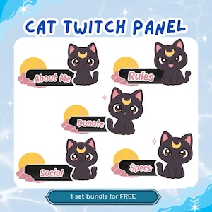 Peut inclure: Ensemble de cinq panneaux Twitch sur le thème des chats avec les textes « About Me », « Rules », « Donate », « Social » et « Specs ». Chaque panneau présente un chat noir avec un croissant de lune sur le front, un soleil jaune et des nuages roses.