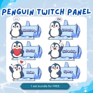 Op de afbeelding: Een set van zes cartoon pinguïn Twitch-panelen. Elk paneel toont een pinguïnkarakter op een blauw ijsblok, met labels zoals "About Me", "Donate", "Social", "Schedule", "Rules" en "Specs". De tekst "PENGUIN TWITCH PANEL" staat bovenaan.