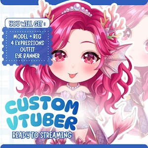 May include: A digital art illustration of a female anime-style character in a blue and white outfit. The image includes a list of features, including outfit, expressions, and rigging options. The text also mentions commercial use and copyright.