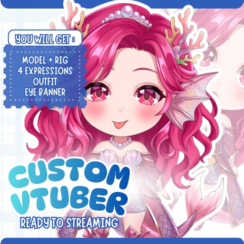 May include: A digital art illustration of a female anime-style character in a blue and white outfit. The image includes a list of features, including outfit, expressions, and rigging options. The text also mentions commercial use and copyright.
