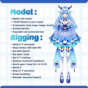 May include: A digital art illustration of a female anime-style character in a blue and white outfit. The image includes a list of features, including outfit, expressions, and rigging options. The text also mentions commercial use and copyright.