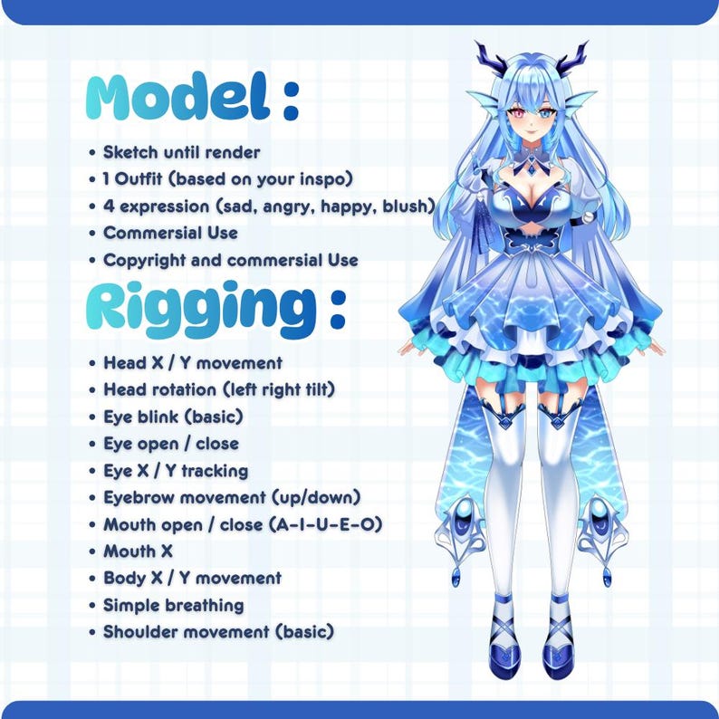 May include: A digital art illustration of a female anime-style character in a blue and white outfit. The image includes a list of features, including outfit, expressions, and rigging options. The text also mentions commercial use and copyright.
