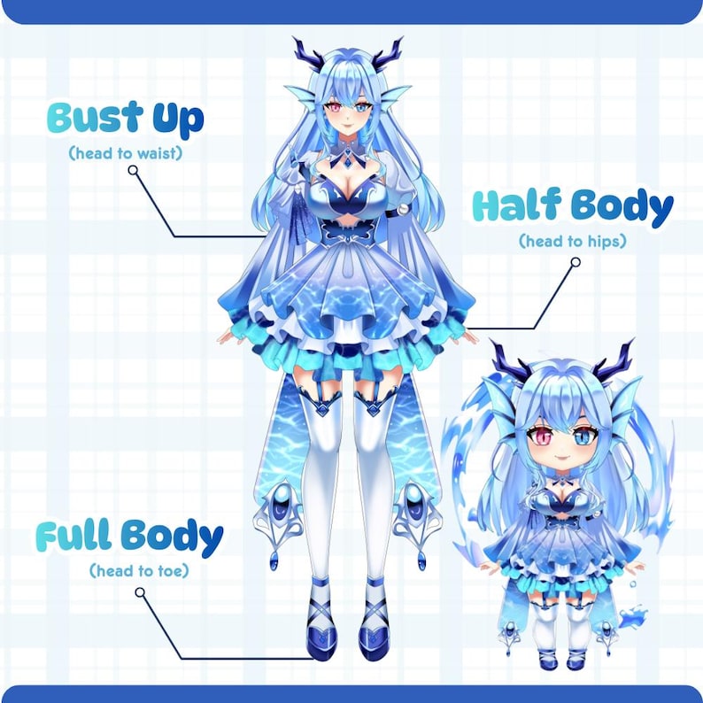 May include: An illustration of a blue-haired anime-style character in a flowing dress, with the text "Bust Up," "Half Body," and "Full Body" indicating different views. The character has blue and pink eyes and wears a detailed aquatic-themed outfit.