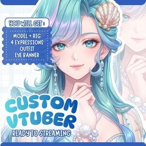 May include: Digital illustration of a female anime-style character with long, flowing turquoise hair and teal eyes. The image includes text that reads "CUSTOM VTUBER READY TO STREAMING" and "YOU WILL GET: MODEL + RIG, 4 EXPRESSIONS, OUTFIT, EYE BANNER."