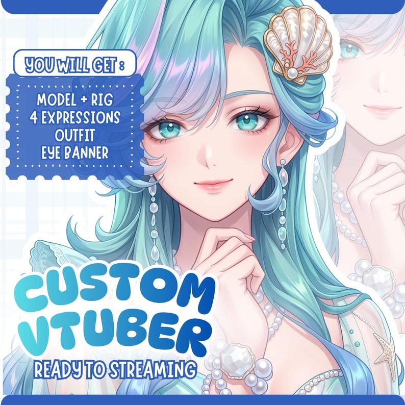 May include: Digital illustration of a female anime-style character with long, flowing turquoise hair and teal eyes. The image includes text that reads "CUSTOM VTUBER READY TO STREAMING" and "YOU WILL GET: MODEL + RIG, 4 EXPRESSIONS, OUTFIT, EYE BANNER."