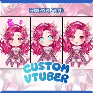 May include: A digital art illustration of a female anime-style character in a blue and white outfit. The image includes a list of features, including outfit, expressions, and rigging options. The text also mentions commercial use and copyright.