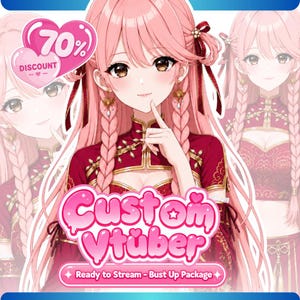 Puede incluir: Un personaje de estilo anime con cabello largo y rosado en trenzas, vistiendo un atuendo rojo y dorado de inspiración tradicional. La imagen incluye el texto "70% DISCOUNT" en un corazón y "Custom Vtuber" con "Ready to Stream - Bust Up Package".