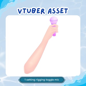 May include: A digital illustration of a light-skinned arm holding a purple microphone. The image has the text "VTUBER ASSET" at the top and "1 setting rigging toggle mic" at the bottom.