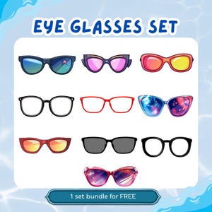 May include: A set of nine pairs of eyeglasses in various styles and colors. The image includes round, rectangular, and cat-eye frames, with lenses in shades of blue, red, orange, and black. Text at the top reads "EYE GLASSES SET".