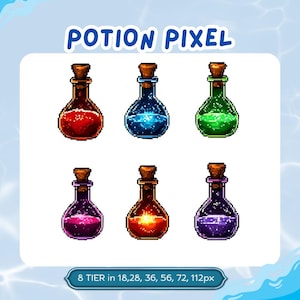 Könnte beinhalten: Pixelbild von sechs Zaubertränken in verschiedenen Farben: rot, blau, grün, lila, orange und dunkelviolett. Jede Flasche hat einen Korken. Der Text "POTION PIXEL" steht oben. Der Text unten lautet "8 TIER in 18,28, 36, 56, 72, 112px".