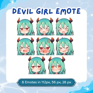 cute devil emotes, green theme, streamer emotes, twitch emotes, emoji pack, chibi expression, twin demon, discord emoji