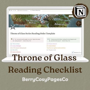 Könnte beinhalten: Ein Laptop-Bildschirm zeigt eine Checkliste für die Throne of Glass-Buchreihe. Die Checkliste enthält die Buchtitel und eine Karte der fiktiven Welt. Der Text "Throne of Glass Reading Checklist" wird unter dem Laptop angezeigt.