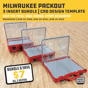 May include: Three red Milwaukee Packout organizers with clear lids are displayed open. The image includes text that reads "3 INSERT BUNDLE | CAD DESIGN TEMPLATE" and "BUNDLE & SAVE $7 ALL 3 DEPTHS". The organizers are designed for tool storage.