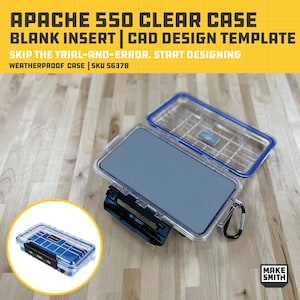 May include: Clear Apache 550 case with a blue seal and a gray insert. The case is open, revealing the interior. Text on the image reads "APACHE 550 CLEAR CASE BLANK INSERT | CAD DESIGN TEMPLATE". A smaller, closed case is in the lower left corner.