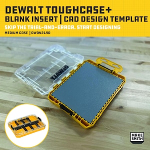 May include: A yellow and black DEWALT TOUGHCASE+ with a clear lid, featuring a blank insert for CAD design templates. The text reads "SKIP THE TRIAL-AND-ERROR. START DESIGNING." A smaller case is shown in the lower left corner.