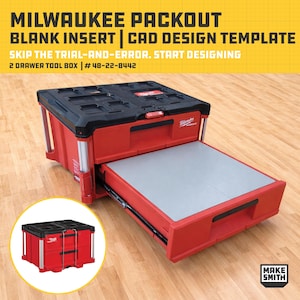 Puede incluir: Una caja de herramientas Milwaukee Packout roja y negra de 2 cajones con un inserto en blanco y una plantilla de diseño CAD. El cajón está parcialmente extendido, revelando un interior gris. El texto de la imagen dice "Skip the trial-and-error. Start designing."