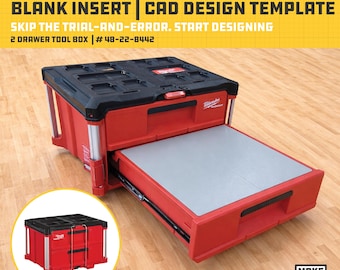 Plantilla CAD de inserción en blanco para caja de herramientas de dos cajones Milwaukee Packout (48-22-8442) / Archivos STL y STEP para diseño de organizador personalizado