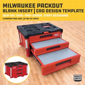 Può includere: Una cassetta portautensili Milwaukee Packout a 3 cassetti, rossa e nera, con un modello di progettazione CAD a inserto vuoto. La cassetta portautensili ha tre cassetti grigi e un coperchio nero. Il testo sull'immagine dice "Skip the trial-and-error. Start designing."