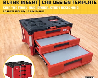 Plantilla CAD de inserción en blanco para caja de herramientas de 3 cajones Milwaukee Packout (48-22-8443) / Archivos STL y STEP para diseño de organizador personalizado