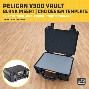 May include: Black Pelican V300 Vault large case with a blank insert. The case is open, revealing a gray interior. The text on the case reads "VAULT". The image also includes the text "PELICAN V300 VAULT BLANK INSERT | CAD DESIGN TEMPLATE".