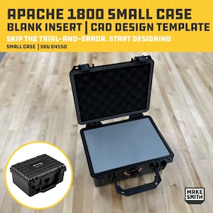 May include: Black Apache 1800 small case with a blank insert. The case is open, revealing a grey interior. The text on the image reads "APACHE 1800 SMALL CASE BLANK INSERT | CAD DESIGN TEMPLATE". A smaller case is shown in a circle.